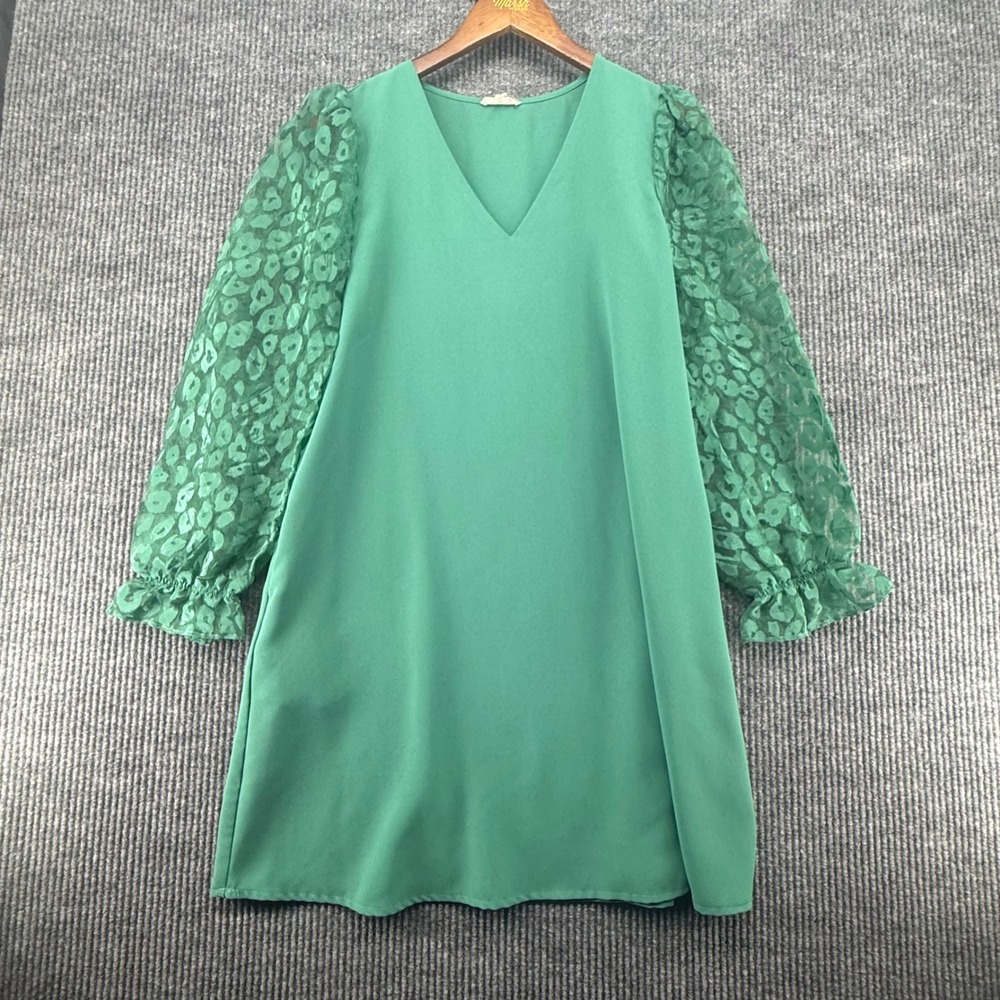 Jodifl Shift Dress Womens Size Medium Green Excellent Leopard Sheer Puff Sleeve
